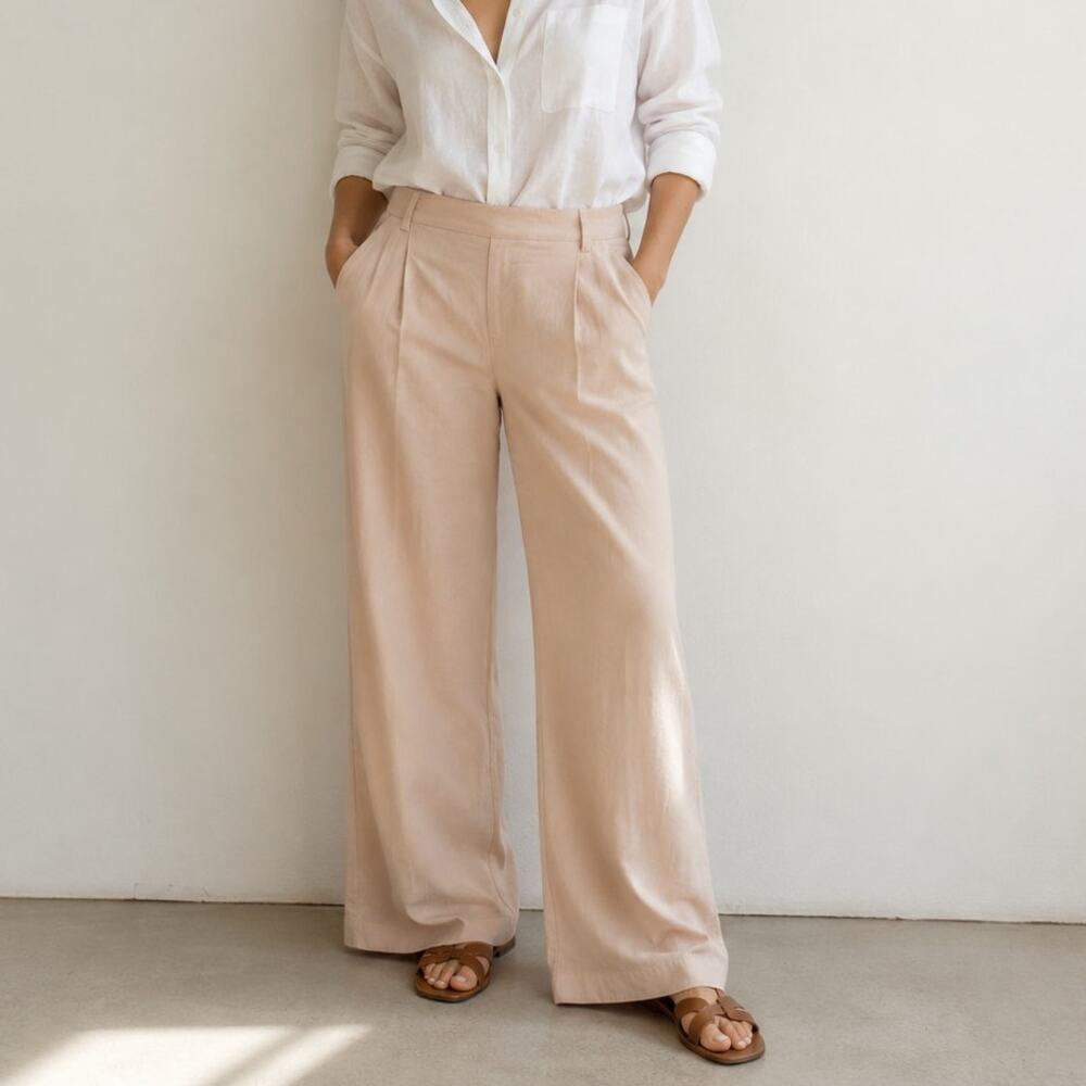 Vince Linen Blend Trouser Womens L Cream Pleated High-rise Wide Leg Dress